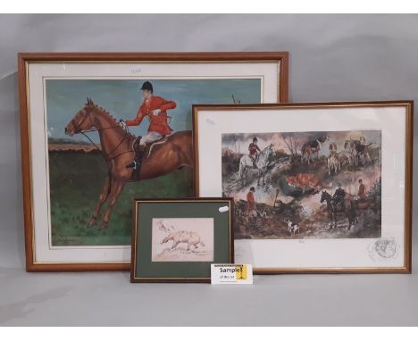 Eight hunting themed works to include: Gillan Harris - 'Foxed', limited edition lithograph (119/850), signed in  pencil lower