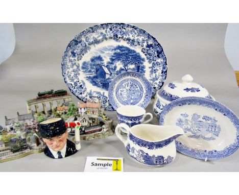 A collection of contemporary blue and white table wares including tureen, meat plate, etc, together with five resin railway C