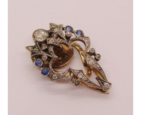 Belle Époque sapphire and diamond clip brooch with white metal millegrain setting, largest diamond 0.20cts approx, engraved n