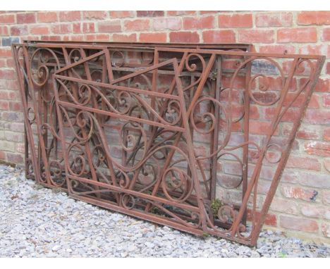 Five sections of iron work railing with matching open scrollwork detail, the longest section 2 metres long x 105 cm high 