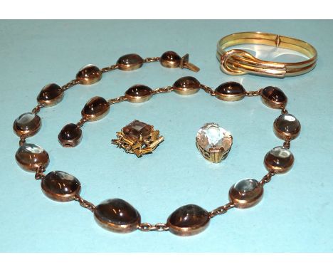 A paste rivière with plated mounts, two pendants and a plated bangle marked 14k, (4). 