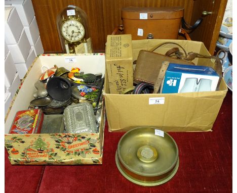 A pair of Tohyoh 20 x 50 binoculars in case, an Agfa Isolette camera, a 400-day clock under glass dome, various plated cutler