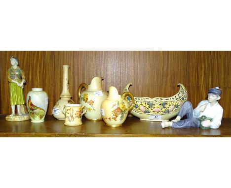 A Royal Worcester blush ivory spill vase decorated with flowers, shape 1528, 18.5cm high, factory and date mark for 1899, a s