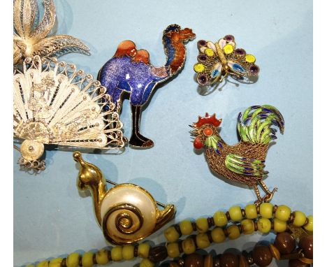 A filigree and enamel cockerel brooch, ten cloisonné bangles and a quantity of costume jewellery. 