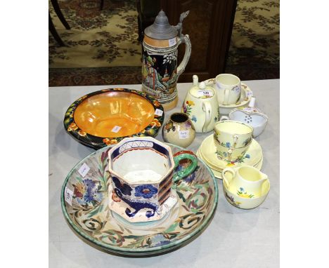 A Crown Staffordshire floral-pattern morning tea service, an ironstone octagonal Imari mug with internal applied frog and oth