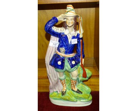 A 19th century Staffordshire flatback figure of a hunter, 41cm high, two Royal Worcester figures 'Polly Put The Kettle On' (a
