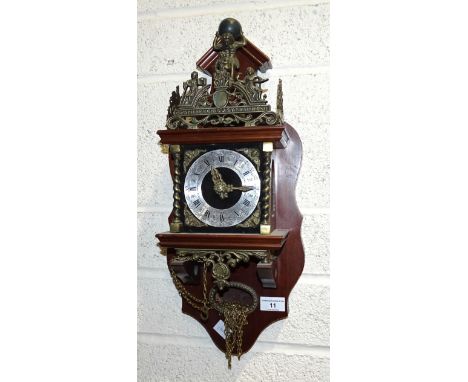 A late-19th century mahogany case Vienna-style wall clock, 113cm high, (a/f), together with a modern Dutch 'Nu Elck Syn Sin' 