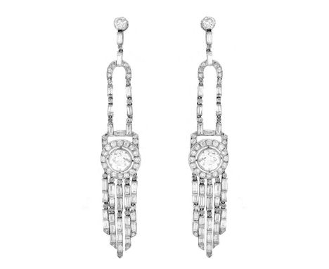 Art Deco Approx. 13.0 Carat TW Old European Cut and Baguette Cut Diamond and Platinum Chandelier Earrings. Largest diamonds a