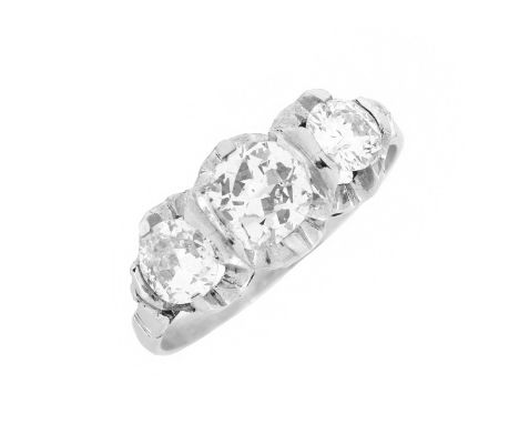 Antique Approx. 1.45 Carat TW Three Diamond and 14 Karat White Gold Ring, Set in the center with a .75 carat round brilliant 