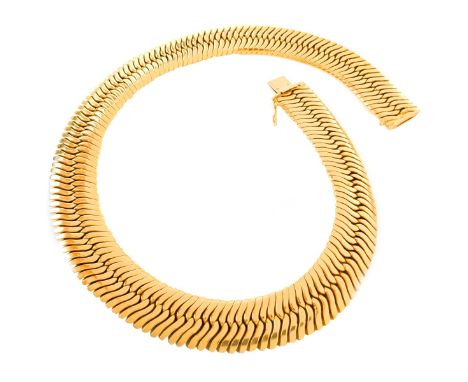 Vintage Italian 14 Karat Yellow Gold Wide Herringbone Link Necklace. Stamped Italy 585. Measures 15-1/2" L, 1/2" W. Approx. w