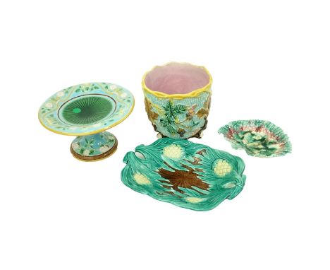 Four (4) Pieces Vintage and Antique Majolica. Lot includes George Jones Blossom Compote 5" x 9", cache pot 6-1/4" x 16-1/2", 