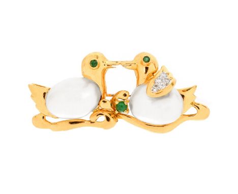 South Sea Baroque Pearl, Diamond, Emerald and 18 Karat Yellow Gold Bird Brooch. Stamped 18K. Measures 3/4" H, 1-3/4" W. Appro