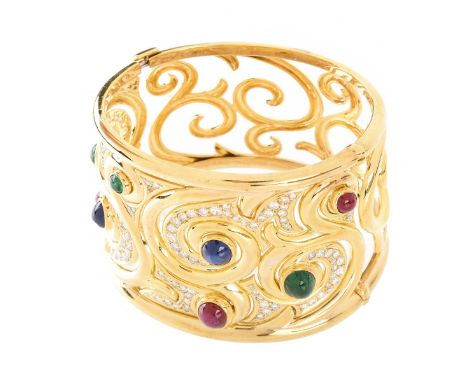 Italian Cabochon Emerald, Sapphire, and Ruby, Pave Set Round Brilliant Cut Diamond and Heavy 18 Karat Yellow Gold Wide Cuff B