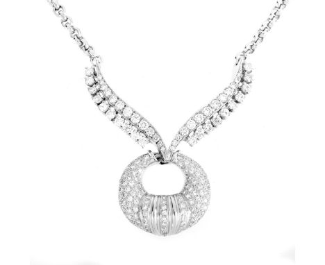 Vintage Approx. 4.50 Carat TW Round Brilliant Cut Diamond and 18 Karat White Gold Pendant Necklace. Stamped 18K. Measures 15-
