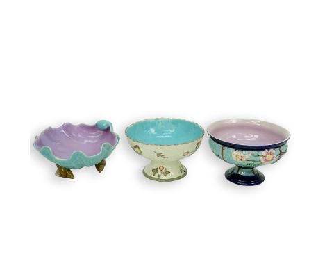 Three (3) Pieces Vintage and Antique Majolica. Lot includes 2 footed bowls 5-3/4" x 9-1/2", shell bowl 4-3/4" H x 11" W. Cond