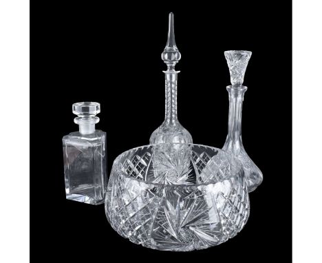 Grouping of Four (4) Vintage Cut Crystal Tableware. Includes: three decanters and large bowl. Tallest decanter measures 17-1/