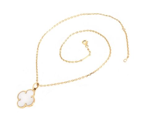 Vintage Van Cleef &amp; Arpels 18 Karat Yellow Gold and Mother of Pearl Alhambra Pendant Necklace. Pendant and chain signed, 