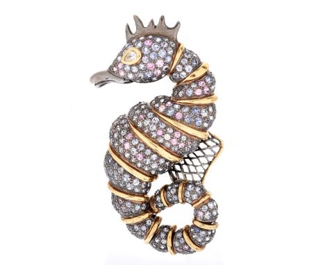 Large Pave Set Round Brilliant Cut Pink and Blue Sapphire, Diamond and 18 karat White and Yellow Gold Articulated Seahorse Br