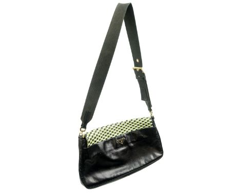 Vintage Prada Black Calf Flap Purse with Geometric Pattern Woven Leather Front, Gold Tone Hardware. Prada metal labels. Measu
