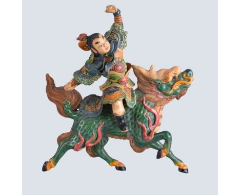Antique Chinese Polychrome Pottery Roof Tile on Lucite Stand. Measures 12-1/2" H x 14" W (with stand), measures 11-3/4" H x 1