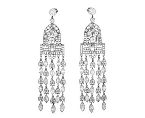 Large Art Deco Approx. 29.20 Carat TW Old European, Marquise and Rose Cut Diamond and Platinum Chandelier Earrings. Largest t