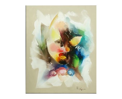 Hilda Rindom, American (20th C) Oil on canvas "Abstract Portrait". Signed lower right. Measures 40" x 30", frame measures 46"