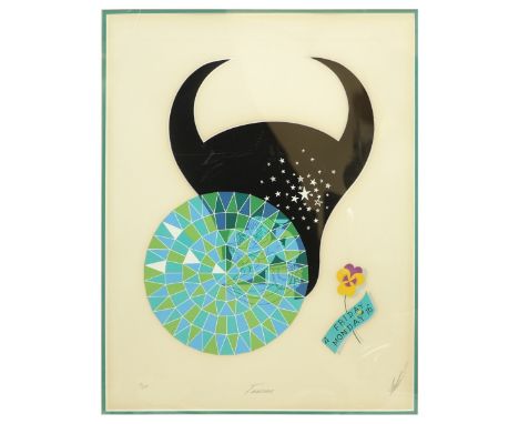 Erte Zodiac Serigraph "Taurus". Signed and numbered 69/350 in pencil. Measures 19" x 14", frame measures 32" x 26". Condition