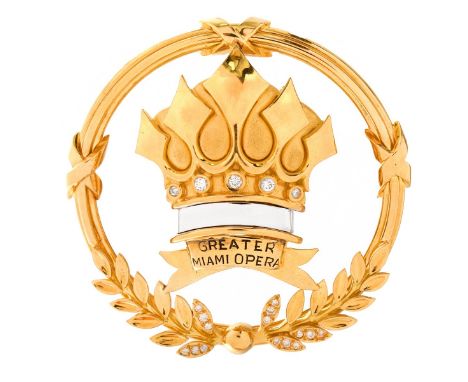 Vintage Mayor's Ned Bowman Heavy 18 Karat Yellow Gold Greater Miami Opera Crown and Laurel Wreath Brooch. Signed and stamped 