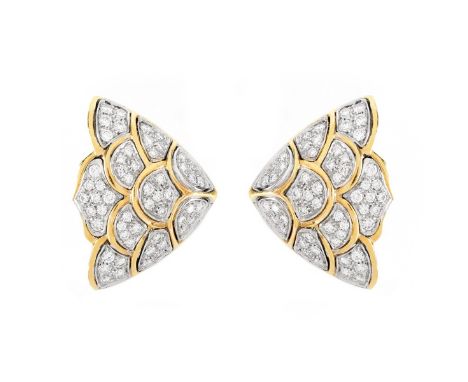 Vintage Pave Set Round Brilliant Cut Diamond and 18 Karat Yellow Gold Clip Back Earrings. Stamped 750. Measure 1-1/4" x 1". A