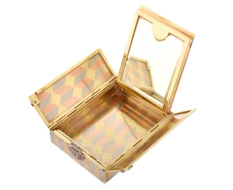 Vintage Cartier 14 Karat Tri-color Gold Lady's Compact with Small Diamond Accents to Clasp. Stamped Cartier 14K. Measures 2" 