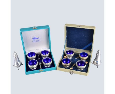 Silver and Silver plate lot. Includes 2 boxed sets of silverplate open salt cellars with cobalt glass liners and spoons. Also