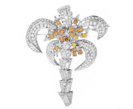 Large Vintage Round Brilliant, Baguette and Trillion Cut White Diamond, Round Brilliant Cut Fancy Intense Yellow Diamond and 