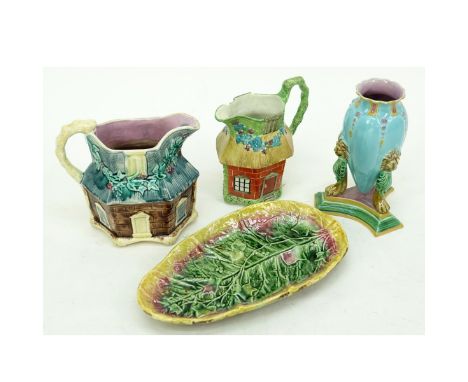 Four (4) Pieces Vintage and Antique Majolica. Lot includes 2 Cottage Pitchers 8 H, mascaron footed vase 9" H, platter 13" L x