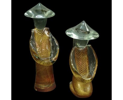 Two (2) Huge Vintage Murano Glass Chinese Figures. Both with gold flecked interior. Artist signed on bottom. Measures 26" H x