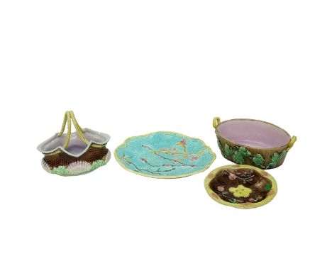 Four (4) Pieces Vintage and Antique Majolica. Lot includes Wedgwood tray 12" x 10", handled oval bowl 10-1/4" x 6-1/2", shell