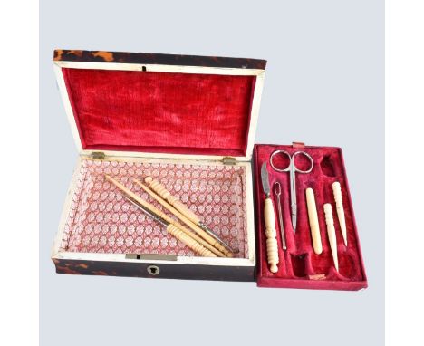 Antique Tortoise and Mother Of Pearl Assembled Traveling Sewing Kit. Includes Ivory Handled tools. Unsigned. Box measures 2" 