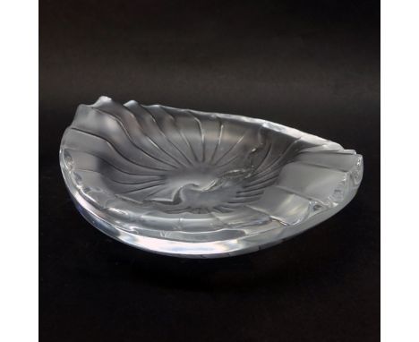 Lalique Crystal "Nancy" Ashtray. Signed. Measures 2-3/4" H x 8-1/2" L. Condition: Overall good condition with a few drops of 