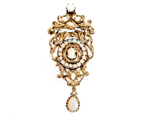 Vintage Victorian style Cabochon Opal and 14 Karat Yellow Gold Pendant / Brooch. Stamped 14K. Measures 2-1/2" L, 1" W. Approx