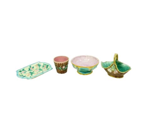 Four (4) Pieces Vintage and Antique Majolica. Lot includes Wedgwood footed bowl 4-1/4" x 10-1/4", basket 8-1/2" x 11", tray 1