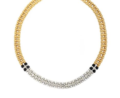 Contemporary Italian Zancan 18 Karat Yellow and White Gold, Diamond, Pearl and Black Onyx Necklace. Signed, stamped 750, Ital