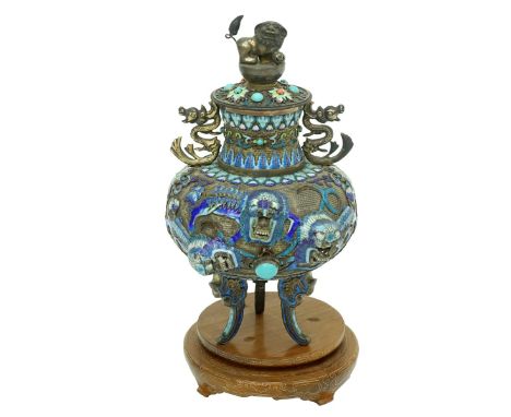 Chinese Silver Double Head Enameled Dragon Censor. Antique Chinese silver enamel double headed dragon incense burner or censo