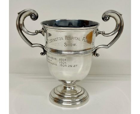 A two handled silver cup on stand (Total weight of cup 368g) 
