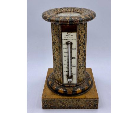 A rare mid Victorian Tunbridge ware compass and thermometer stand of octagonal form inscribed T Barton Tunbridge Wells 