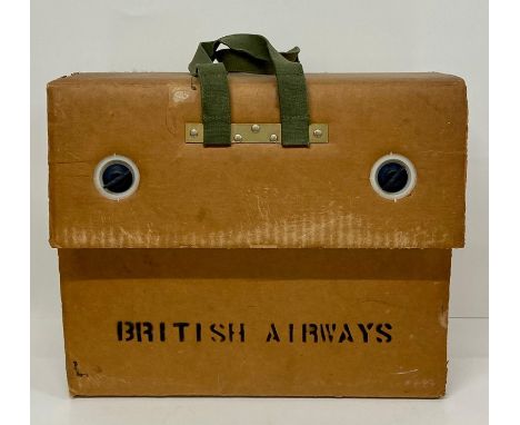 A Vintage British Airways Box with cloth handles, with a selection of tools inside.