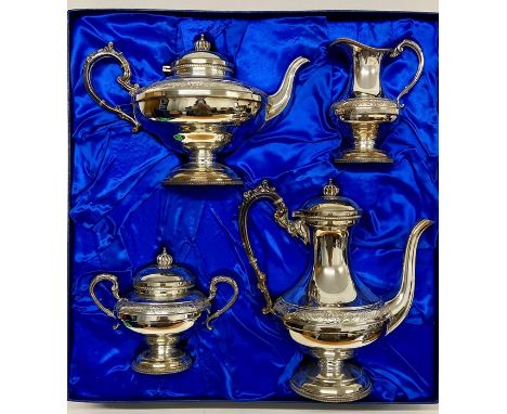 A Boxed Cavalier silver plated, hand chased tea service 