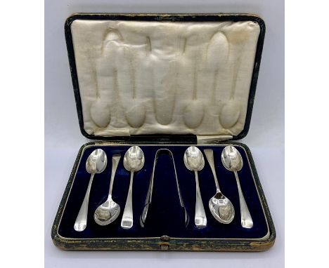 A 1935 cased silver teaspoon and sugar nip set by P Bros.
