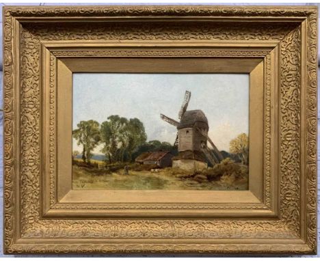 M. Wills (British, 20th century) "Near Southend", staffage and windmill scene, oil on board,approx 9.5x6.5ins, framed.