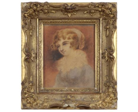 British School, 19th Century, A portrait of a lady, reportedly Lady Hamilton (label verso), watercolour on paper. 4.5x4ins. 