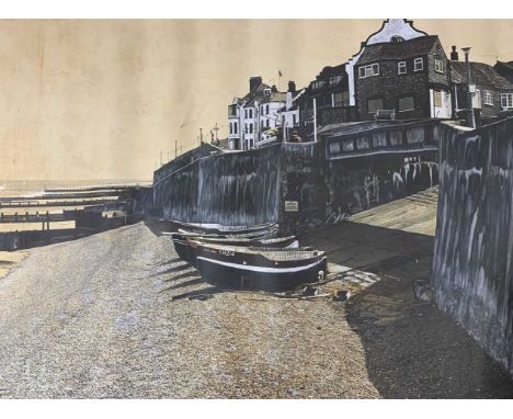 British, contemporary, Sheringham seafront, oleograph, 68x48ins, unframed, unglazed.Central tears and to edges.