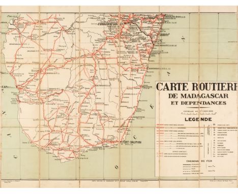 Madagascar. Carte Routiere de Madagascar et Dependances, Dressé par le Service des Traveaux Publics, 1939, monumental colour 